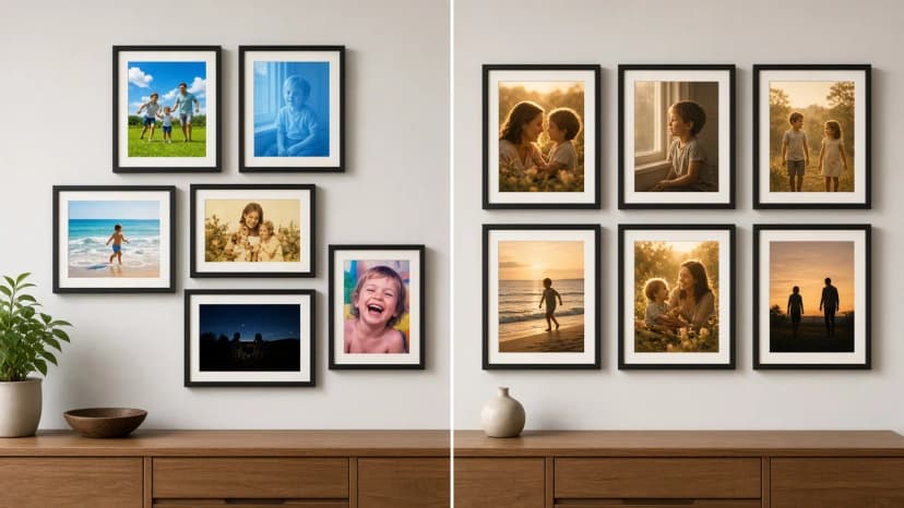 Un confronto della stessa parete sopra una credenza: sei cornici di foto in colori diversi a sinistra, bluastre, troppo sature e uno scatto notturno scuro, e sei cornici in un solo stile caldo di ora dorata a destra