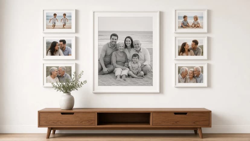 Rodinná galerie nad komodou: uprostřed velká černobílá skupinová fotografie ve svislém rámu a na každé straně tři menší barevné rodinné fotografie v bílých rámech