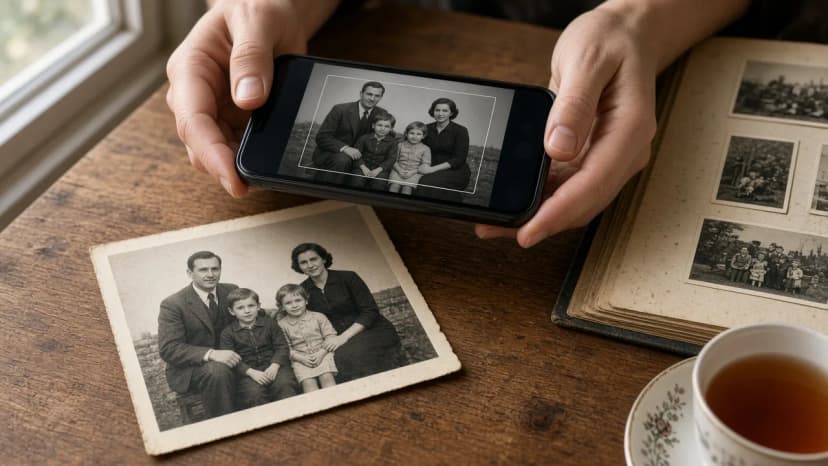 Delle mani tengono un telefono parallelo sopra una vecchia foto di famiglia in bianco e nero appoggiata su un tavolo vicino a una finestra, con un album aperto di vecchie stampe e una tazza di tè accanto