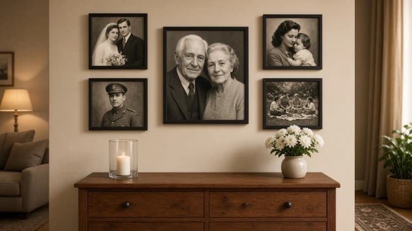 Una galleria del ricordo tranquilla sopra una credenza: cinque cornici nere di foto di famiglia restaurate, un ritratto più grande di una coppia anziana al centro e, intorno, una foto di nozze, un ritratto in uniforme, una madre con un bambino e un picnic di famiglia; una candela in una campana di vetro e crisantemi bianchi sulla credenza