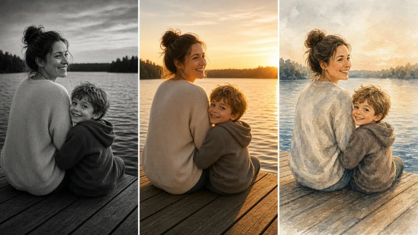 La stessa foto di una madre e di un figlio su un pontile sopra un lago, in tre versioni: pellicola analogica in bianco e nero con grana, un’ora dorata calda con il sole al tramonto e un acquerello morbido con la texture della carta