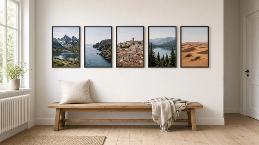 Galerie pěti fotek z cest v černých a světlých dubových rámech ve světlé předsíni, nad lavicí