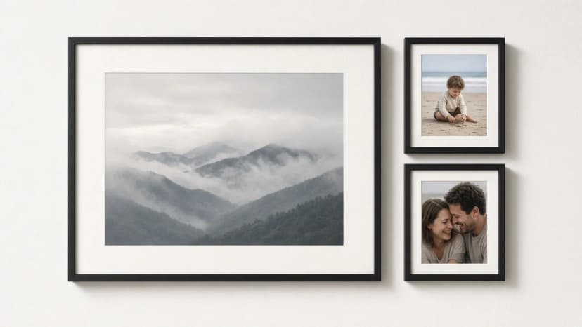 Detail galerie: fotografie mlhavých hor vedle rodinných fotek v černých rámech