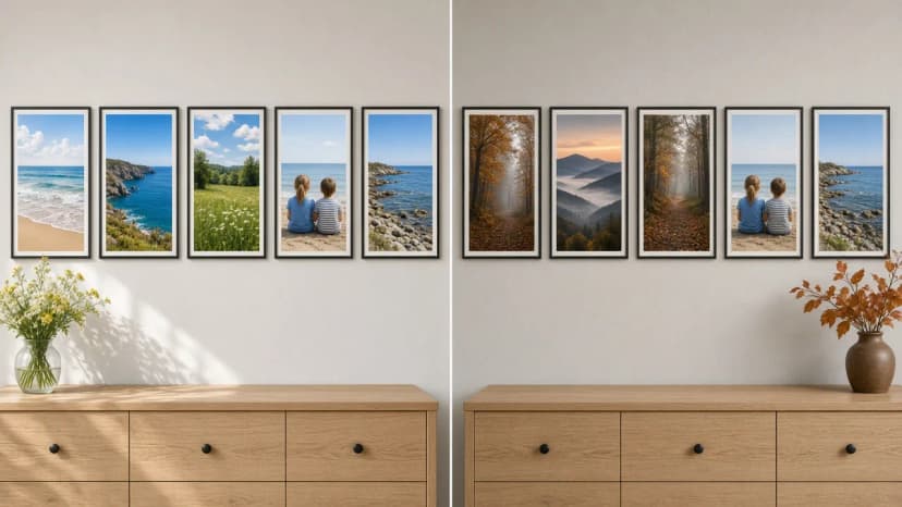 Stejná zeď nad komodou ve dvou verzích: vlevo letní galerie s pláží, loukou a modrým mořem, vpravo stejné rámy a ve třech z nich podzimní les v mlze, hory za úsvitu a cesta v rezavém listí