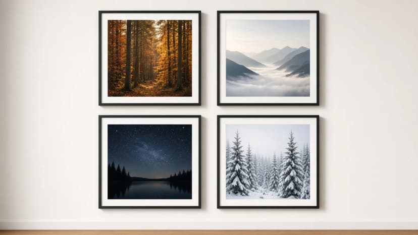 Koláž čtyř fotografií v černých rámech: podzimní les v rezavých tónech, hory vystupující z ranní mlhy, hvězdná noční obloha nad jezerem a zasněžený smrkový les