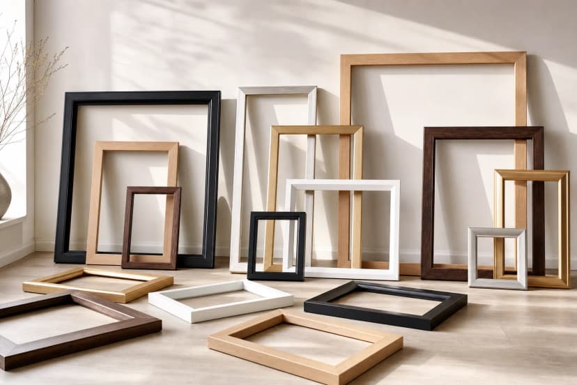 A set of MDF frames in different colours — black, white and oak — as wall decoration in a modern living room