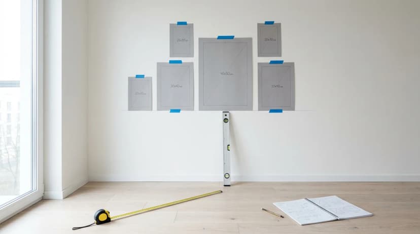Papierrahmen-Vorlagen verschiedener Größen mit blauem Malerabdeckband an einer weißen Wand befestigt, neben einer Wasserwaage und einem Messstab