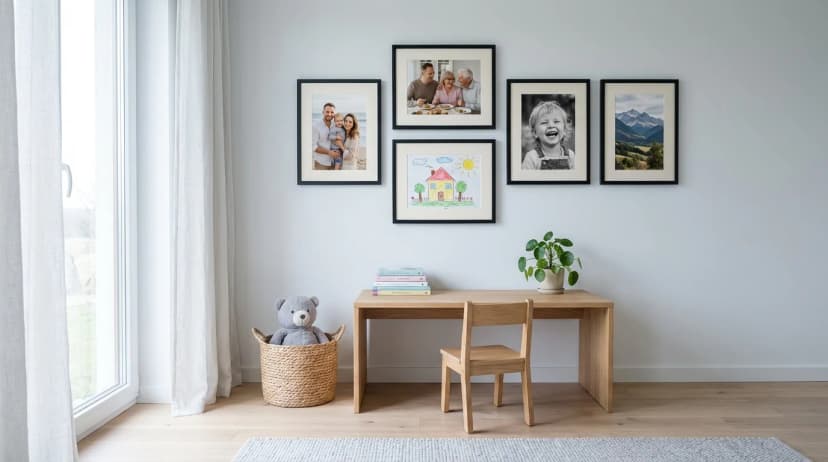 Galleri med 5 MDF-ramar utan glas i ett ljust barnrum, layout i förälderns ögonhöjd, säker konstruktion utan glas