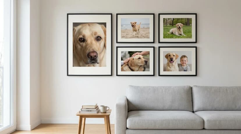 Galleri med 5 MDF-rammer uden glas med Labrador-fotos — portrætter, actionbilleder og et familiebillede