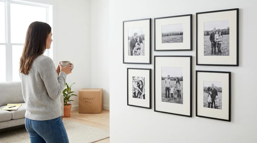 Ung kvinde med kaffe kigger på et færdigt fotogalleri til væggen i en lejebolig, flyttekasse i nærheden