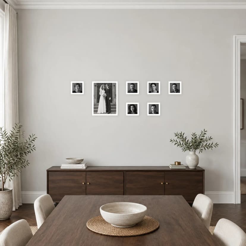 Scatter kit with one larger portrait and two horizontal runs of small square frames
